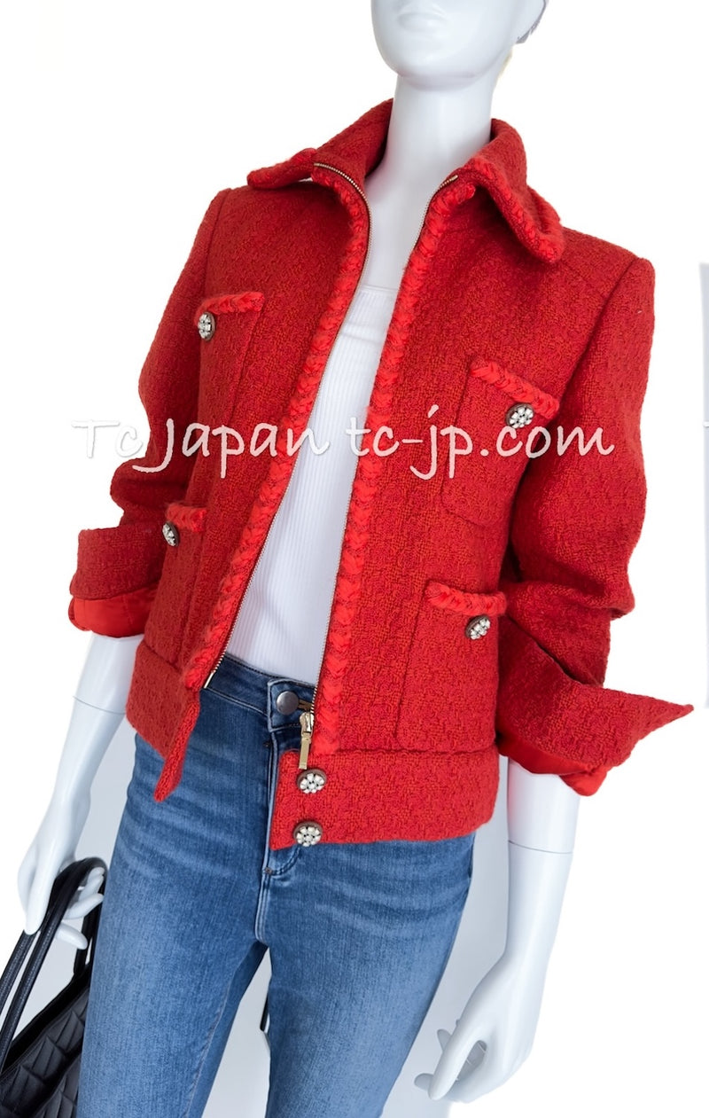 CHANEL 19A Coral Red Zipper Wool Tweed Coat Jacket 36 38 42 シャネル コーラル レッド ジッパー ウール ツイード コート ジャケット 即発