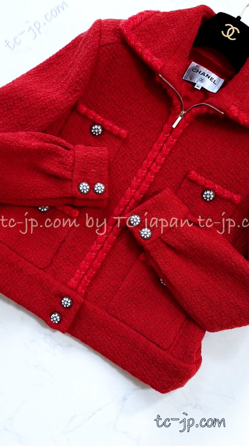 CHANEL 19A Coral Red Zipper Wool Tweed Coat Jacket 36 38 42 シャネル コーラル レッド ジッパー ウール ツイード コート ジャケット 即発