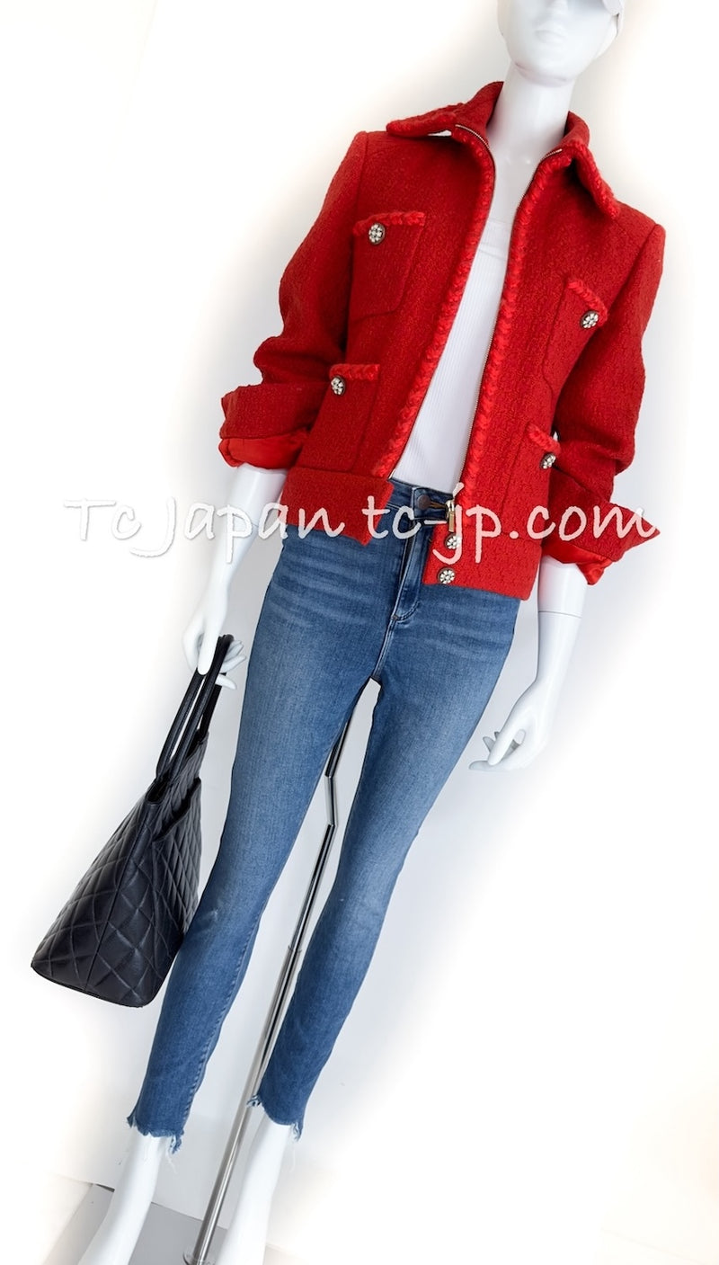 CHANEL 19A Coral Red Zipper Wool Tweed Coat Jacket 36 38 42 シャネル コーラル レッド ジッパー ウール ツイード コート ジャケット 即発