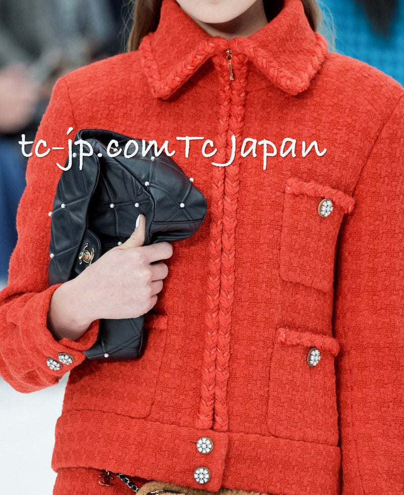 CHANEL 19A Coral Red Zipper Wool Tweed Coat Jacket 36 38 42 シャネル コーラル レッド ジッパー ウール ツイード コート ジャケット 即発