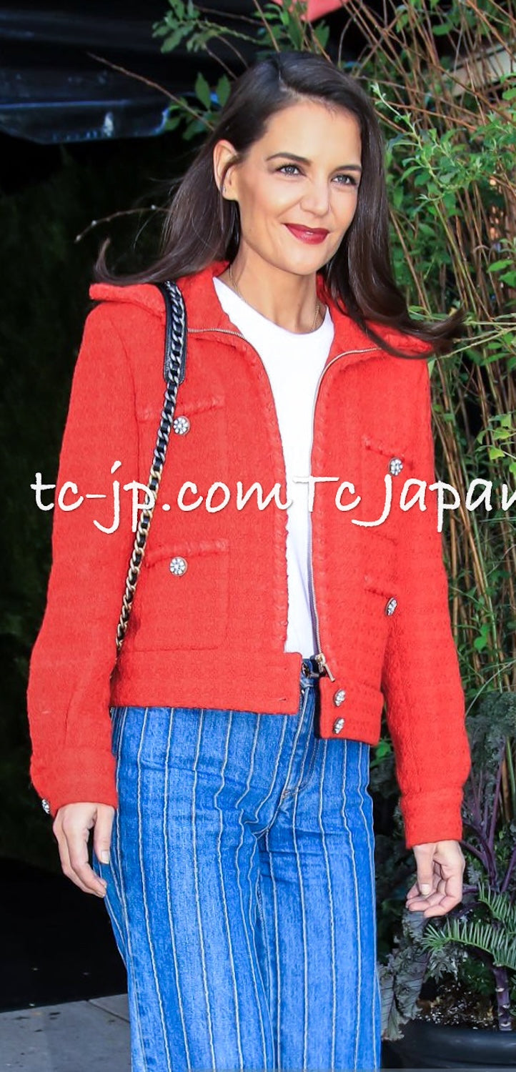 CHANEL 19A Coral Red Zipper Wool Tweed Coat Jacket 36 38 42 シャネル コーラル レッド ジッパー ウール ツイード コート ジャケット 即発