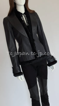 CHANEL 02A Charcoal Gray Brown Black Lambskin Leather Rabbit Fur Jacket 34 シャネル チャコールグレー ラムスキン レザー ラビットファー チャコールグレー ブラウン ブラック ジャケット 即発