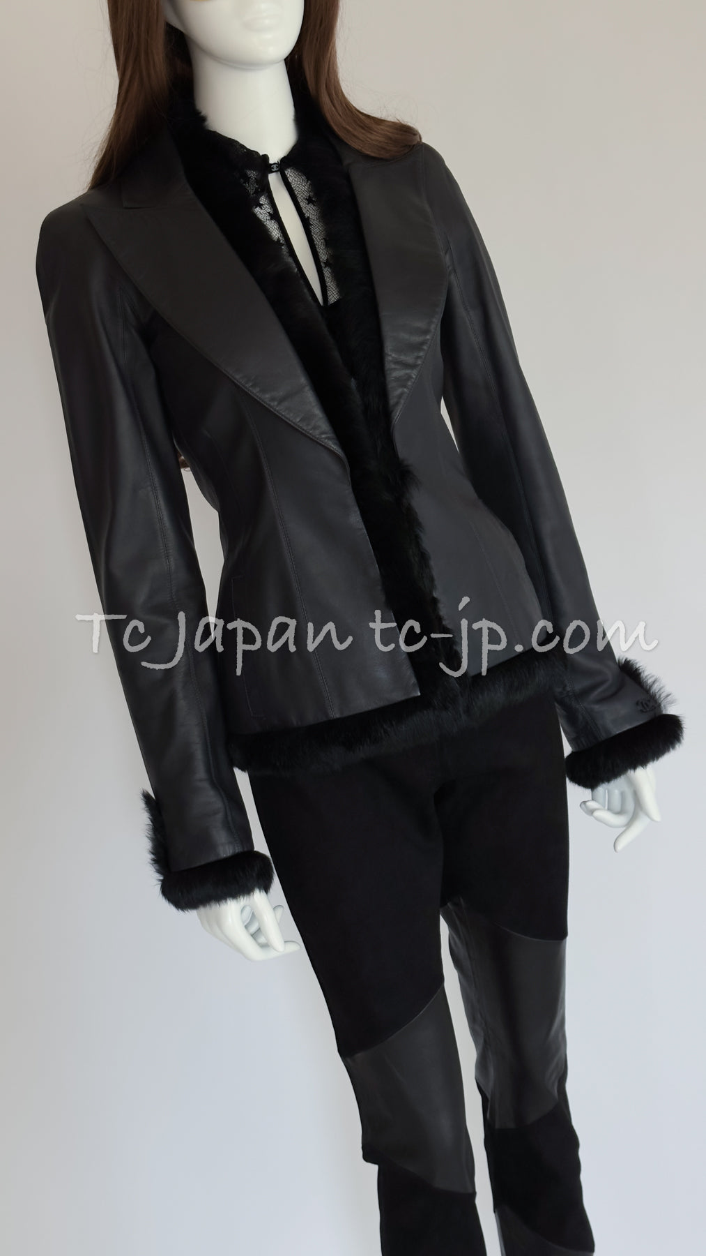 CHANEL 02A Charcoal Gray Brown Black Lambskin Leather Rabbit Fur Jacket 34 シャネル チャコールグレー ラムスキン レザー ラビットファー チャコールグレー ブラウン ブラック ジャケット 即発