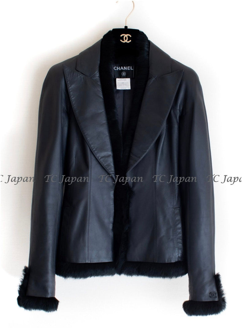 CHANEL 02A Charcoal Gray Brown Black Lambskin Leather Rabbit Fur Jacket 34 シャネル チャコールグレー ラムスキン レザー ラビットファー チャコールグレー ブラウン ブラック ジャケット 即発