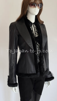 CHANEL 02A Charcoal Gray Brown Black Lambskin Leather Rabbit Fur Jacket 34 シャネル チャコールグレー ラムスキン レザー ラビットファー チャコールグレー ブラウン ブラック ジャケット 即発