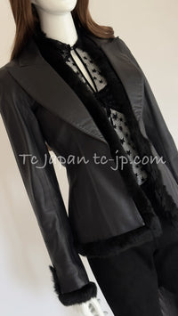 CHANEL 02A Charcoal Gray Brown Black Lambskin Leather Rabbit Fur Jacket 34 シャネル チャコールグレー ラムスキン レザー ラビットファー チャコールグレー ブラウン ブラック ジャケット 即発