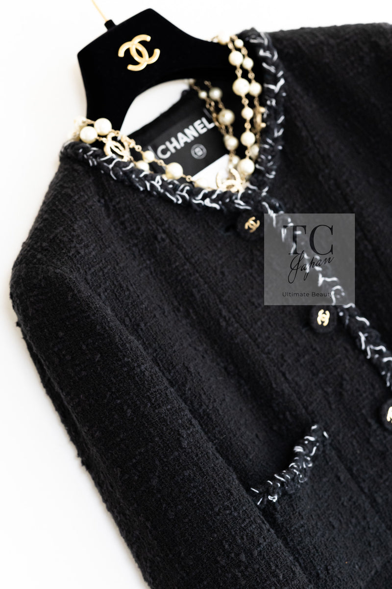 CHANEL 07S Black Braid Trim Cotton Tweed Jacket skirt Suit 42 シャネル ブラック ブレイド トリム コットン ツイード ジャケット スカート スーツ 即発