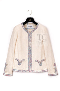 CHANEL 20C Ivory Cotton CC Logo Button Collarless Tweed Jacket 34 36 3