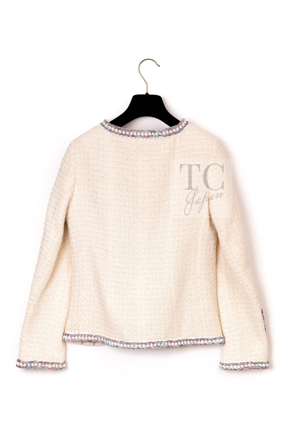 CHANEL 20C Ivory Cotton CC Logo Button Collarless Tweed Jacket 34 36 4