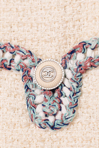 CHANEL 20C Ivory Cotton CC Logo Button Collarless Tweed Jacket 34 36 6