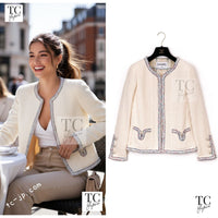 CHANEL 20C Ivory Cotton CC Logo Button Collarless Tweed Jacket 34 36 1
