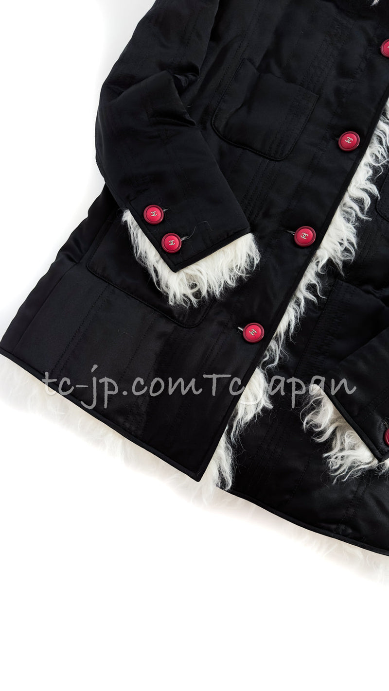 CHANEL 17B Black Silk Ivory Fantasy Fur Jacket Coat 48 シャネル ブラック シルク アイボリー ファー ジャケット コート 即発