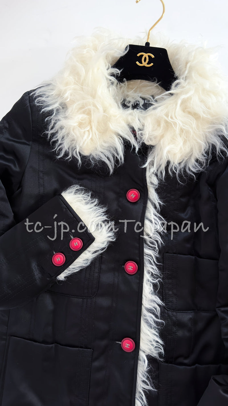 CHANEL 17B Black Silk Ivory Fantasy Fur Jacket Coat 48 シャネル ブラック シルク アイボリー ファー ジャケット コート 即発