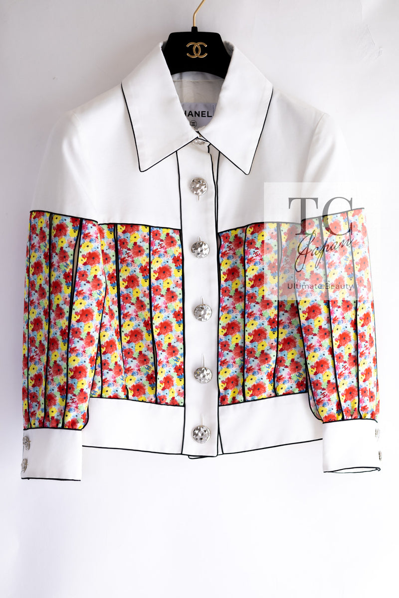 CHANEL 16S White Multicolor Floral Print CC Logo Jacket 34 36 シャネル ホワイト マルチカラー フラワー プリント CC ロゴ ジャケット 即発