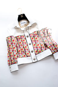 CHANEL 16S White Multicolor Floral Print CC Logo Jacket 34 36 シャネル ホワイト マルチカラー フラワー プリント CC ロゴ ジャケット 即発