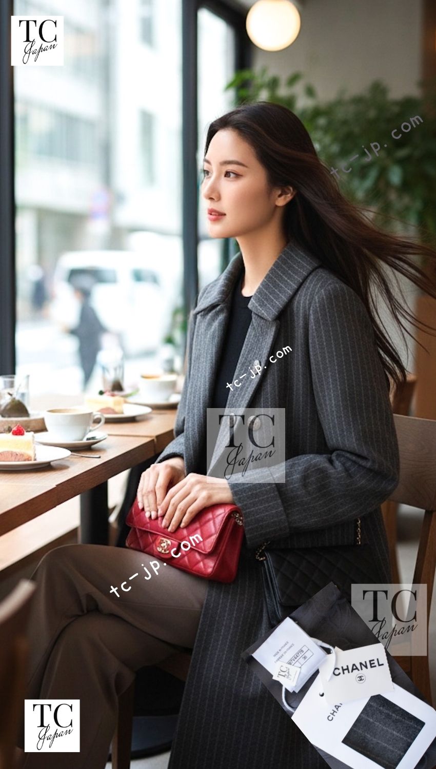 CHANEL 18PF Charcoal Gray Striped Wool Coat 36 シャネル チャコール グレー ストライプ ウール コート 即発