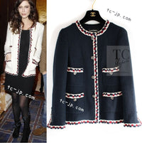 CHANEL 11S Navy Crochet Braid Trim Cotton Jacket 40 シャネル ネイビー クロシェット ブレイド トリミング コットン ジャケット 即発
