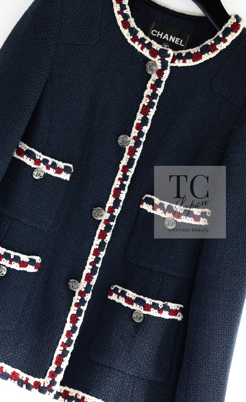 CHANEL 11S Navy Crochet Braid Trim Cotton Jacket 36 シャネル ネイビー クロシェット ブレイド トリミング コットン ジャケット 即発