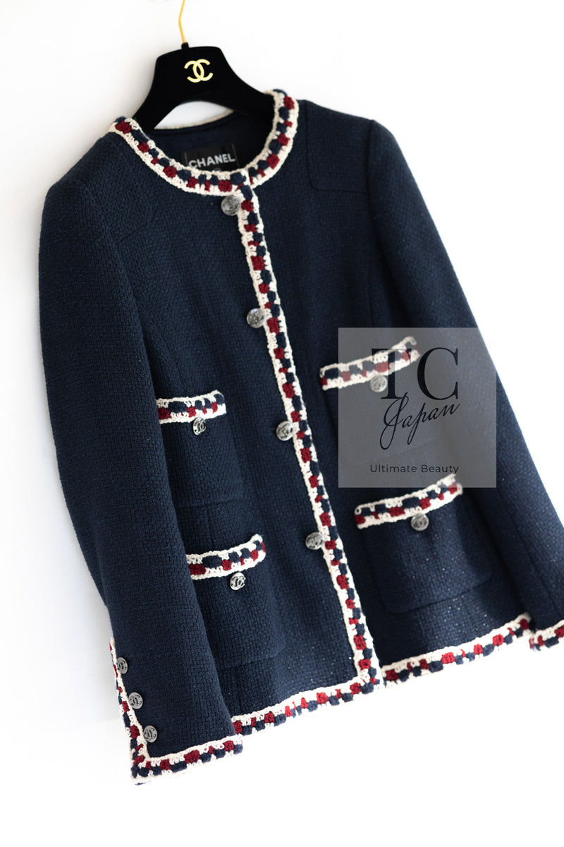 CHANEL 11S Navy Crochet Braid Trim Cotton Jacket 36 シャネル ネイビー クロシェット ブレイド トリミング コットン ジャケット 即発