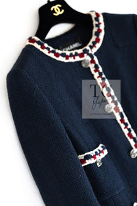 CHANEL 11S Navy Crochet Braid Trim Cotton Jacket 40 シャネル ネイビー クロシェット ブレイド トリミング コットン ジャケット 即発