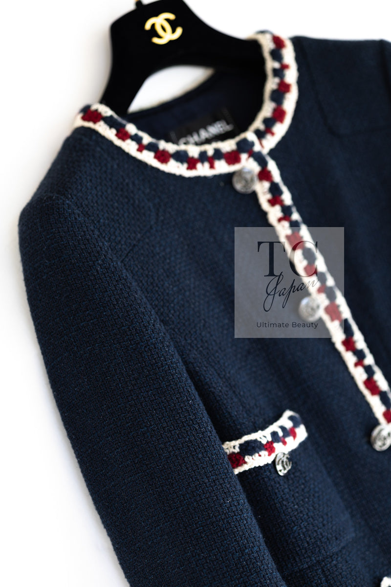 CHANEL 11S Navy Crochet Braid Trim Cotton Jacket 40 シャネル ネイビー クロシェット ブレイド トリミング コットン ジャケット 即発