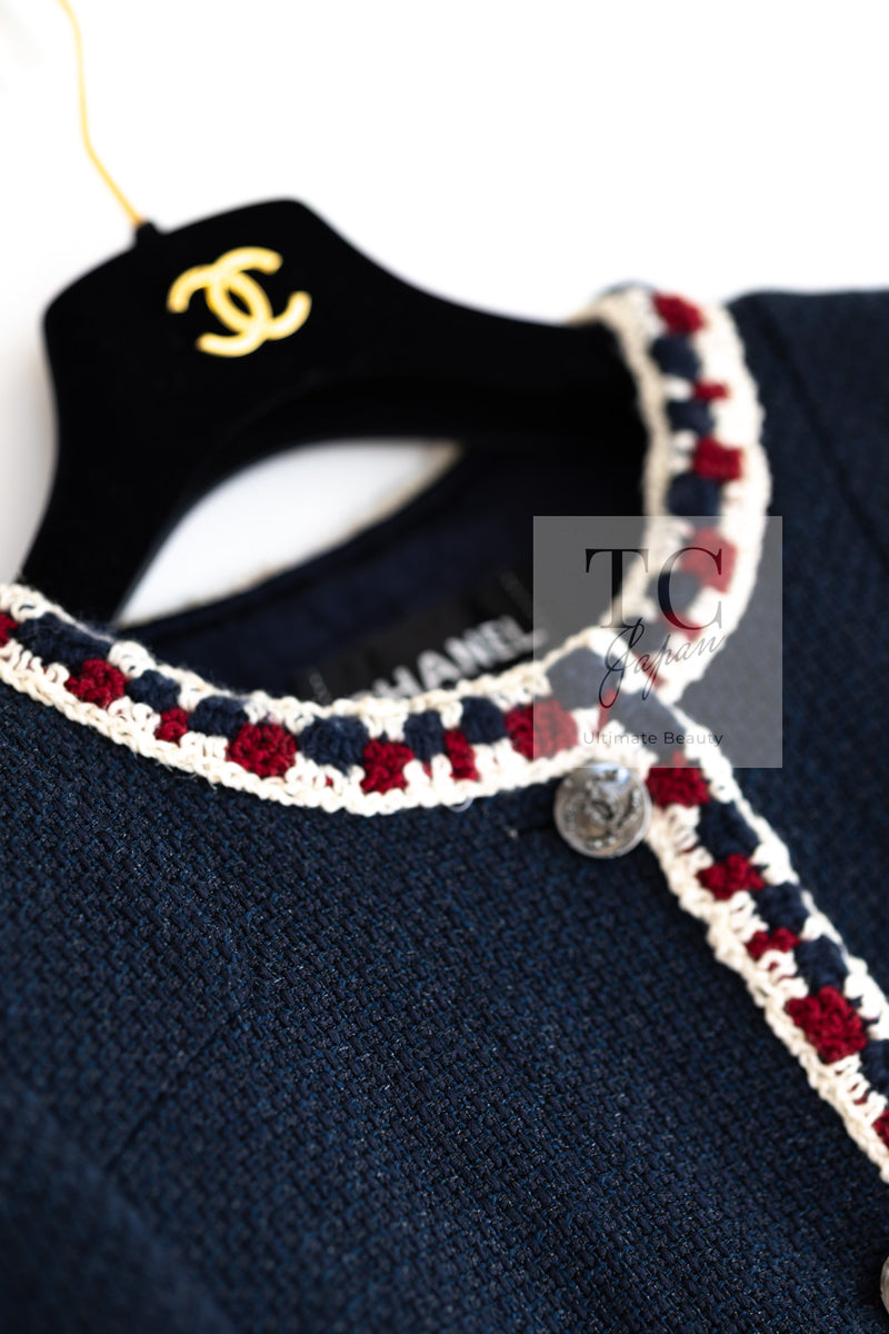 CHANEL 11S Navy Crochet Braid Trim Cotton Jacket 36 シャネル ネイビー クロシェット ブレイド トリミング コットン ジャケット 即発