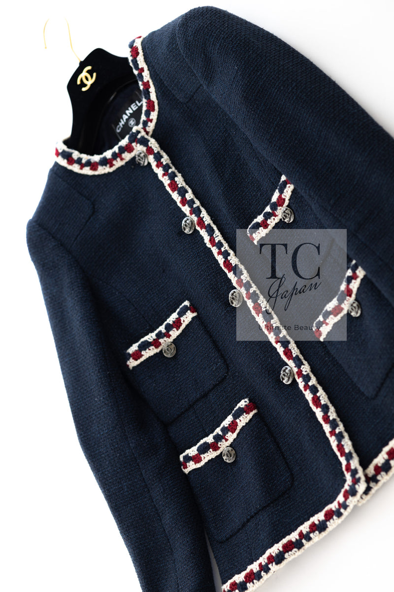 CHANEL 11S Navy Crochet Braid Trim Cotton Jacket 36 シャネル ネイビー クロシェット ブレイド トリミング コットン ジャケット 即発