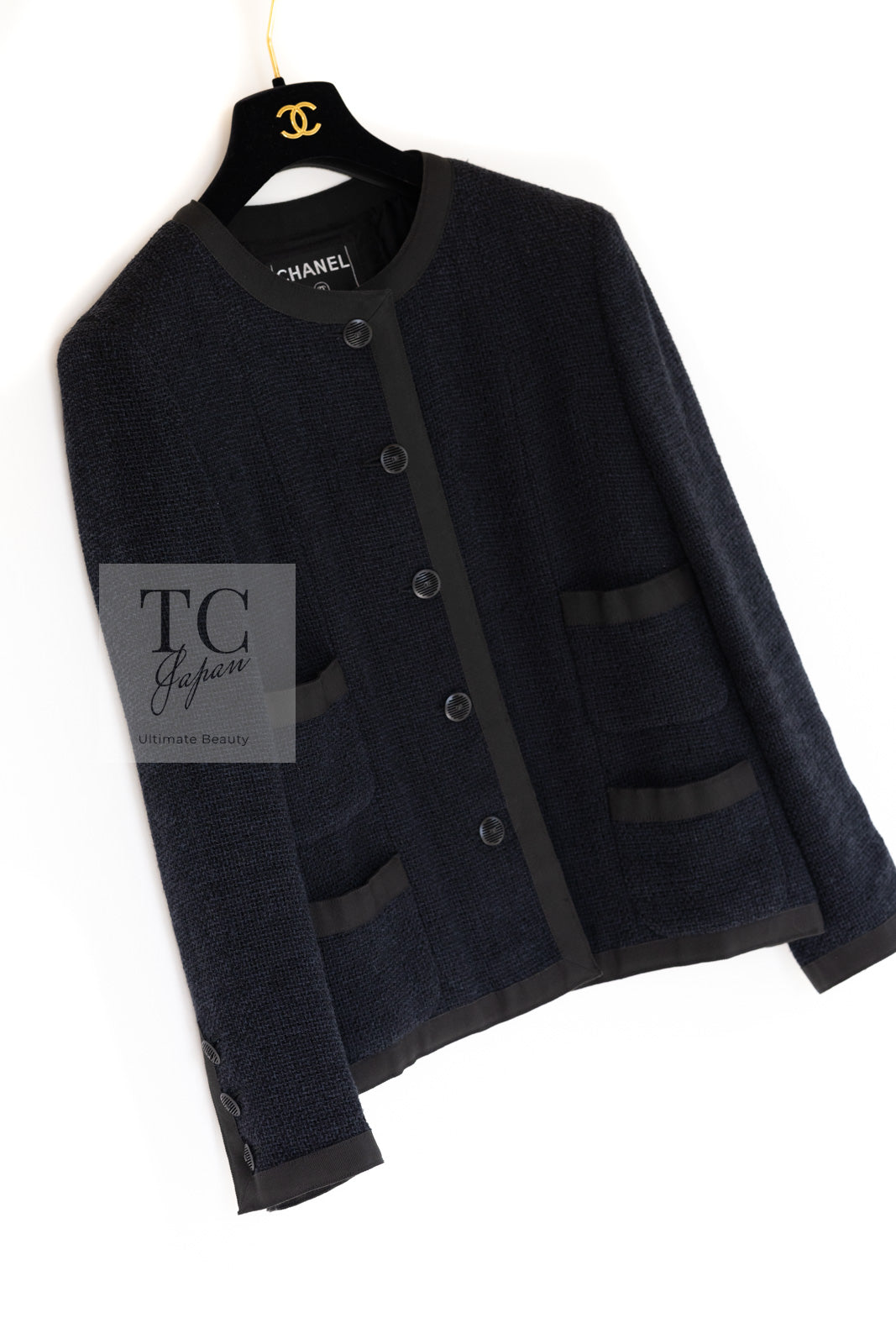 CHANEL 02S Vintage Black Collarless Tweed Jacket 36 38 シャネル ヴィンテージ ブラック ノーカラー ツイード ジャケット 即発