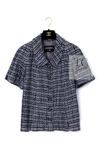 CHANEL 19PS Gray Silver Navy Blue Mix Tweed Jacket Skirt Suit 38 シャネル グレー シルバー ネイビー ブルー ミックス ツイード ジャケット スカート スーツ 即発