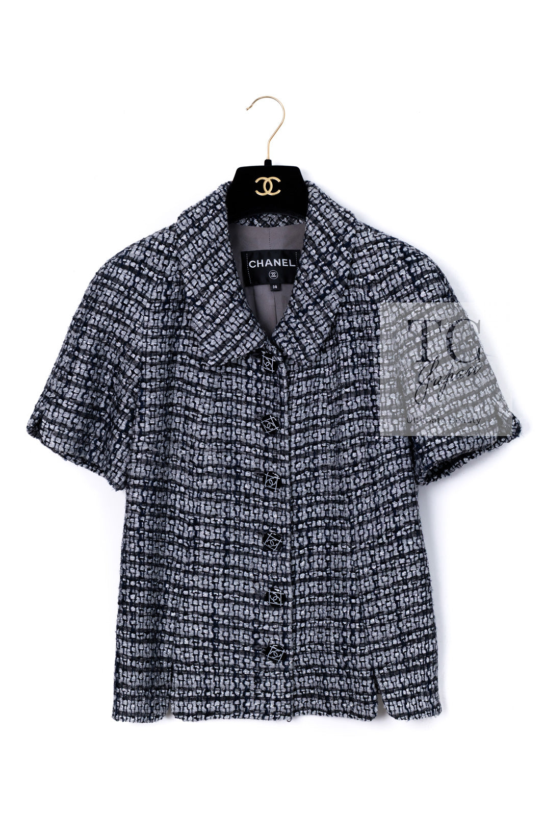 CHANEL 19PS Gray Silver Navy Blue Mix Tweed Jacket Skirt Suit 38 シャネル グレー シルバー ネイビー ブルー ミックス ツイード ジャケット スカート スーツ 即発