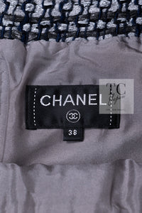 CHANEL 19PS Gray Silver Navy Blue Mix Tweed Jacket Skirt Suit 38 シャネル グレー シルバー ネイビー ブルー ミックス ツイード ジャケット スカート スーツ 即発