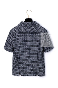 CHANEL 19PS Gray Silver Navy Blue Mix Tweed Jacket Skirt Suit 38 シャネル グレー シルバー ネイビー ブルー ミックス ツイード ジャケット スカート スーツ 即発
