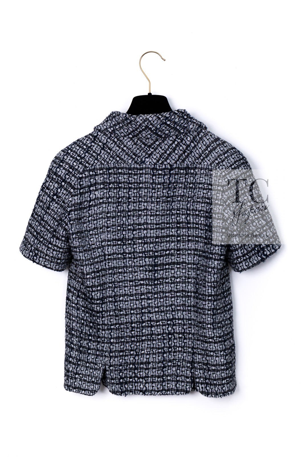 CHANEL 19PS Gray Silver Navy Blue Mix Tweed Jacket Skirt Suit 38 シャネル グレー シルバー ネイビー ブルー ミックス ツイード ジャケット スカート スーツ 即発