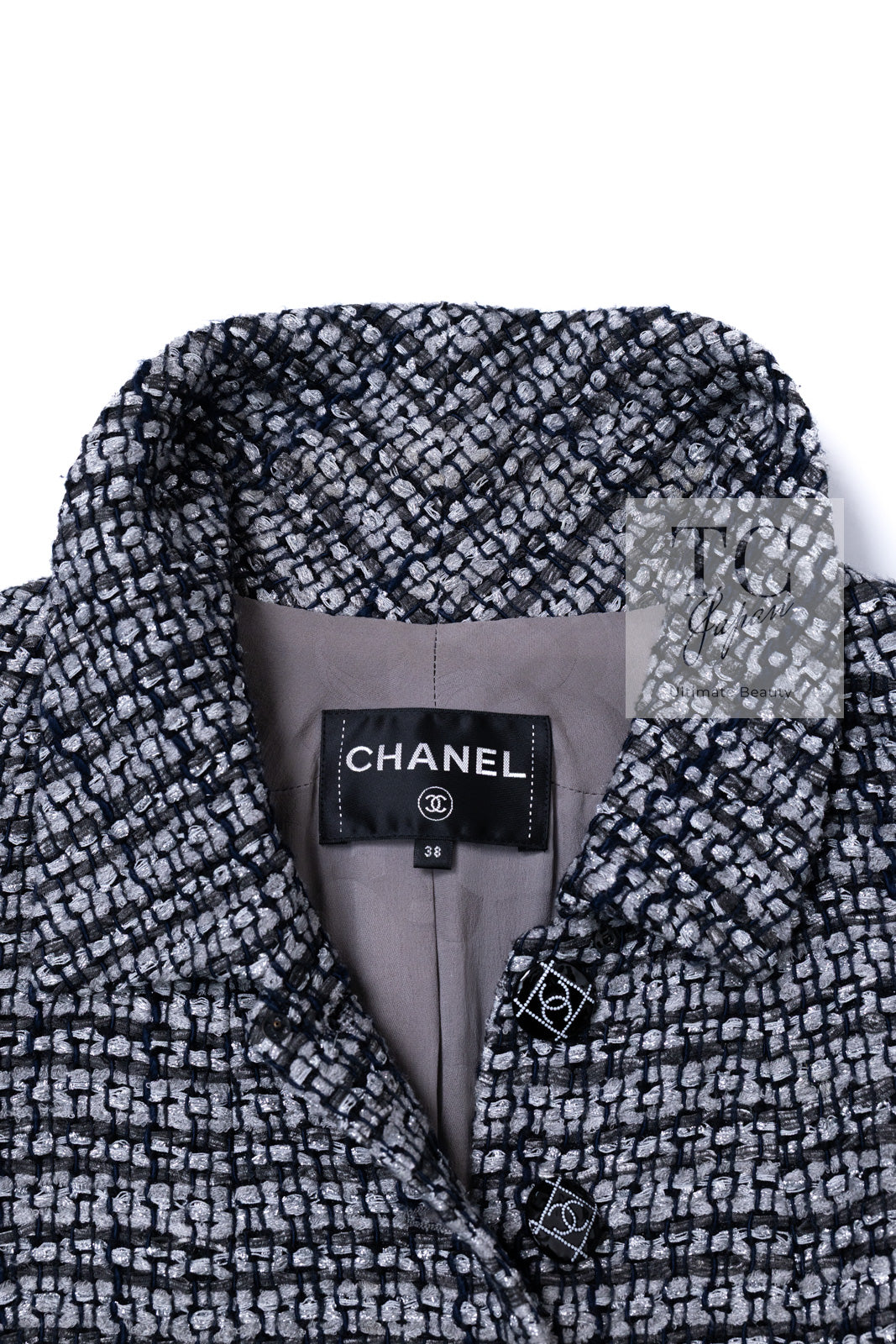 CHANEL 19PS Gray Silver Navy Blue Mix Tweed Jacket Skirt Suit 38 シャネル グレー シルバー ネイビー ブルー ミックス ツイード ジャケット スカート スーツ 即発