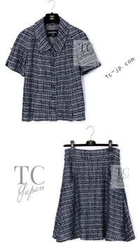 CHANEL 19PS Gray Silver Navy Blue Mix Tweed Jacket Skirt Suit 38 シャネル グレー シルバー ネイビー ブルー ミックス ツイード ジャケット スカート スーツ 即発