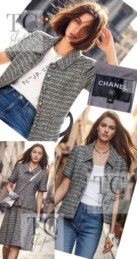 CHANEL 19PS Gray Silver Navy Blue Mix Tweed Jacket Skirt Suit 38 シャネル グレー シルバー ネイビー ブルー ミックス ツイード ジャケット スカート スーツ 即発 - TC JAPAN