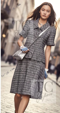 CHANEL 19PS Gray Silver Navy Blue Mix Tweed Jacket Skirt Suit 38 シャネル グレー シルバー ネイビー ブルー ミックス ツイード ジャケット スカート スーツ 即発 - TC JAPAN