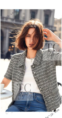 CHANEL 19PS Gray Silver Navy Blue Mix Tweed Jacket Skirt Suit 38 シャネル グレー シルバー ネイビー ブルー ミックス ツイード ジャケット スカート スーツ 即発 - TC JAPAN