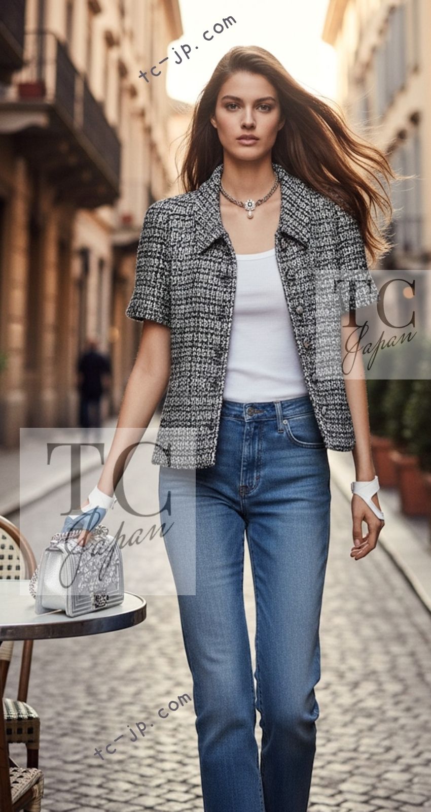 CHANEL 19PS Gray Silver Navy Blue Mix Tweed Jacket Skirt Suit 38 シャネル グレー シルバー ネイビー ブルー ミックス ツイード ジャケット スカート スーツ 即発 - TC JAPAN