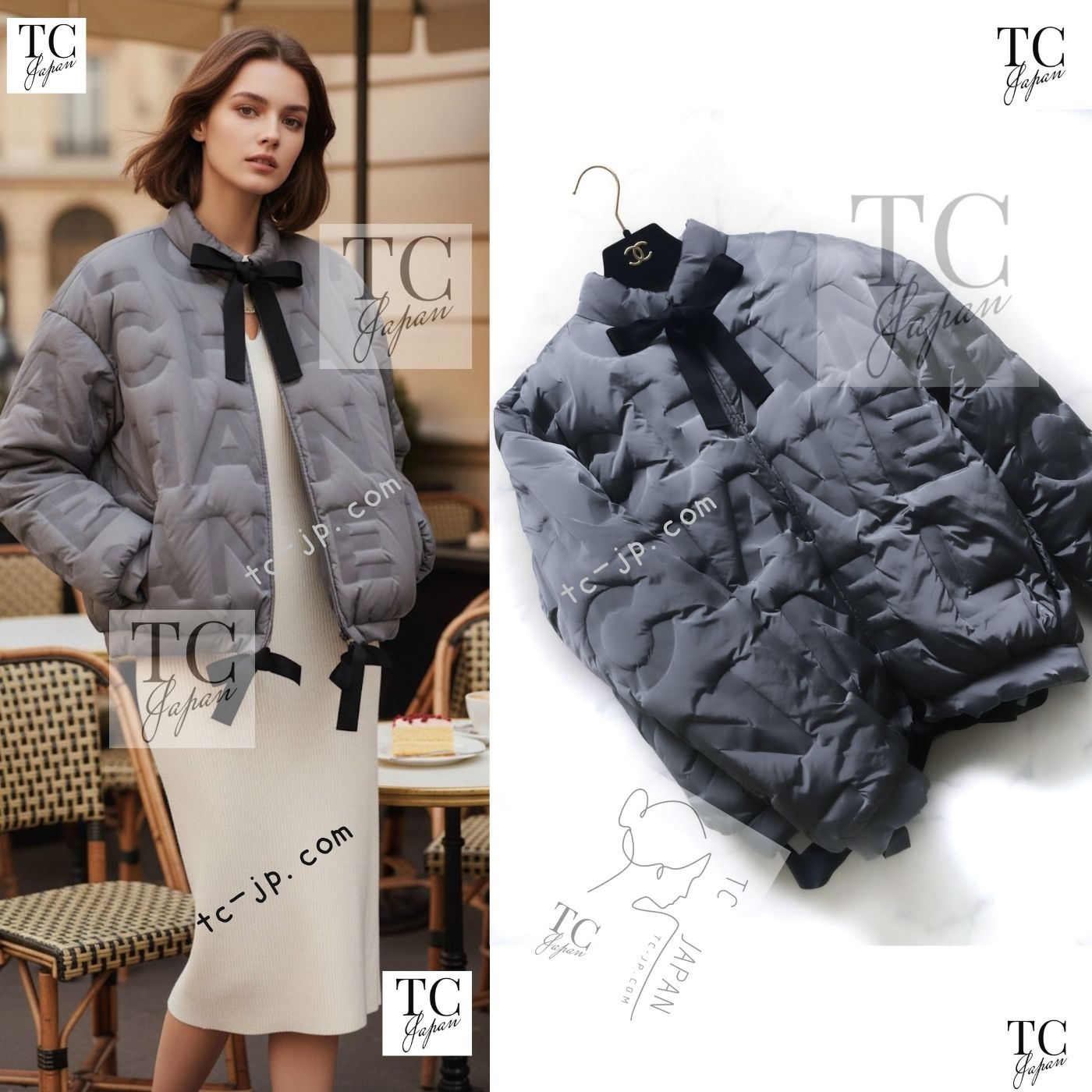 CHANEL 17B Light Grey Black Bow Logo Down Coat Jacket 34 36 38 シャネル ライトグレー ブラック リボン ロゴ ダウン ジャケット コート 即発 - TC JAPAN