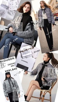 CHANEL 17B Light Grey Black Bow Logo Down Coat Jacket 34 36 38 シャネル ライトグレー ブラック リボン ロゴ ダウン ジャケット コート 即発 - TC JAPAN