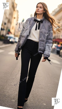 CHANEL 17B Light Grey Black Bow Logo Down Coat Jacket 34 36 38 シャネル ライトグレー ブラック リボン ロゴ ダウン ジャケット コート 即発 - TC JAPAN