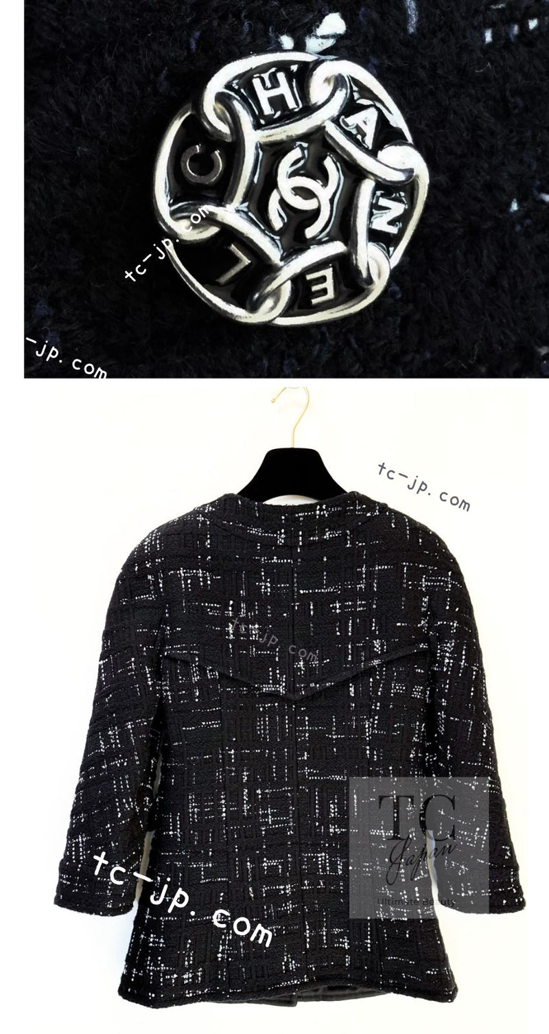 CHANEL 18PA Black White Collarless Coat Jacket 34 シャネル ブラック ホワイト ココボタン ノーカラー コート ジャケット 即発