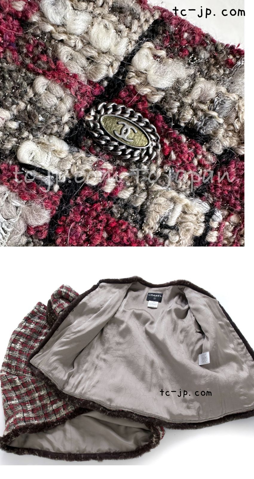CHANEL 05A Rabbit Fur Trim Raspberry Brown Tweed Jacket Skirt Suit 38 シャネル ラビット・ファートリム・ラズベリー・ブラウン・ツイード・ジャケット・スカート・スーツ 即発