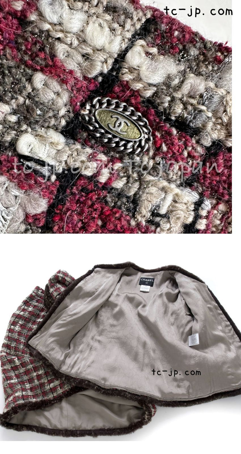CHANEL 05A Rabbit Fur Trim Raspberry Brown Tweed Jacket Skirt Suit 38 シャネル ラビット・ファートリム・ラズベリー・ブラウン・ツイード・ジャケット・スカート・スーツ 即発