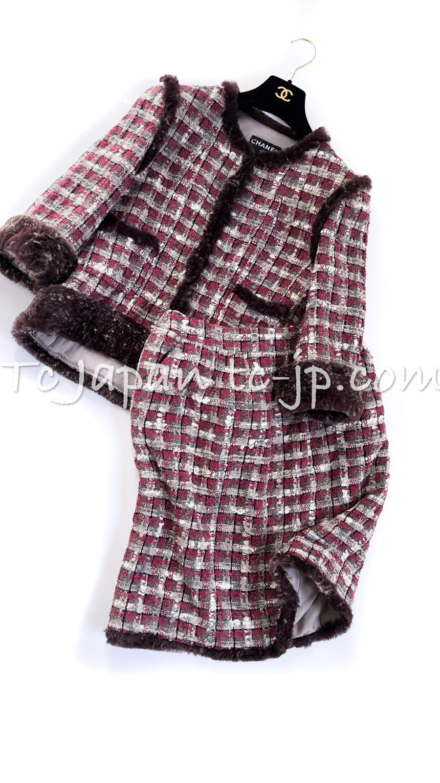 CHANEL 05A Rabbit Fur Trim Raspberry Brown Tweed Jacket Skirt Suit 38 シャネル ラビット・ファートリム・ラズベリー・ブラウン・ツイード・ジャケット・スカート・スーツ 即発