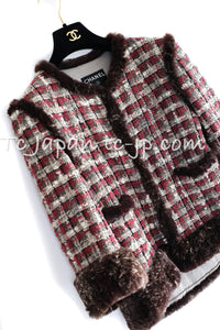 CHANEL 05A Rabbit Fur Trim Raspberry Brown Tweed Jacket Skirt Suit 38 シャネル ラビット・ファートリム・ラズベリー・ブラウン・ツイード・ジャケット・スカート・スーツ 即発