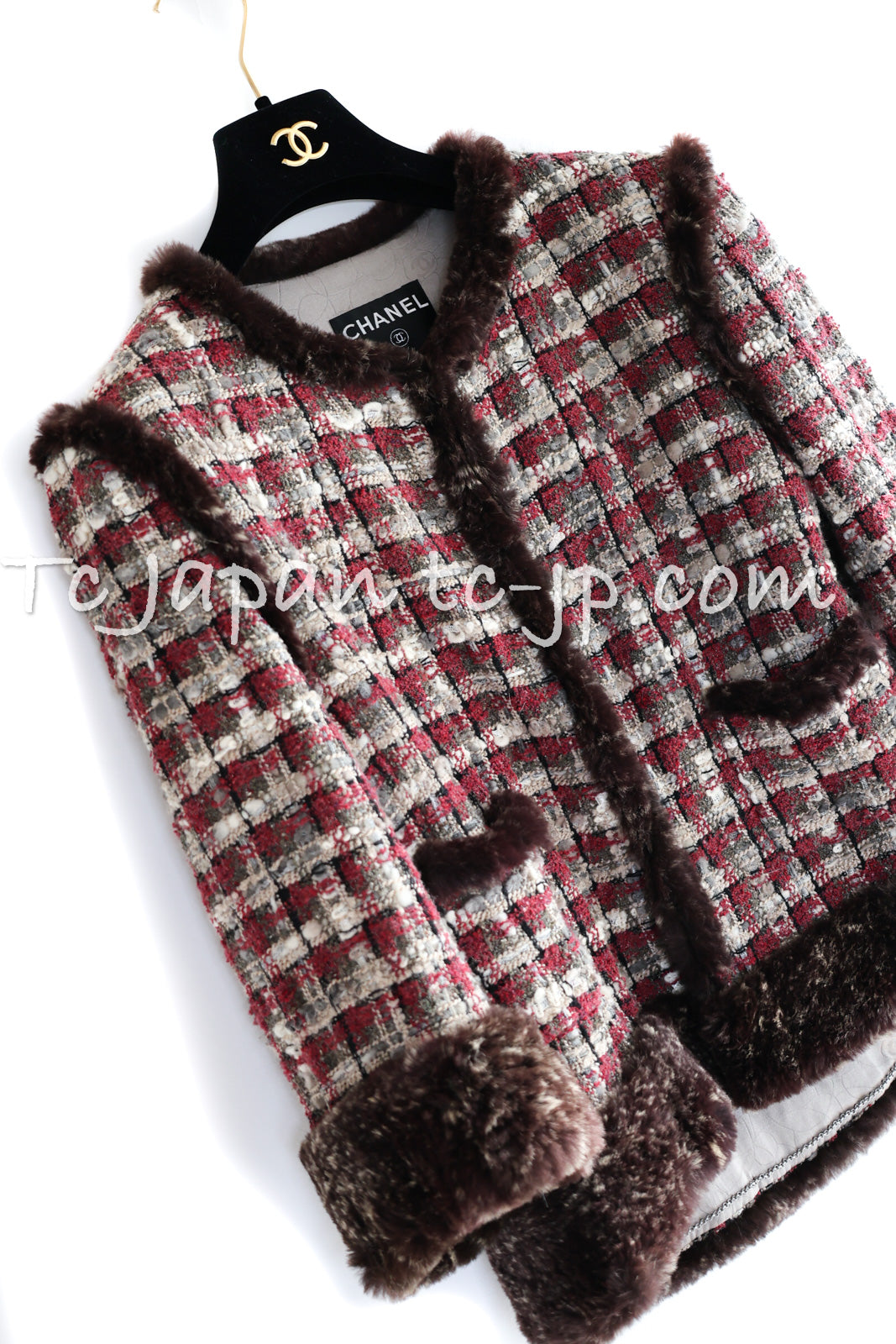 CHANEL 05A Rabbit Fur Trim Raspberry Brown Tweed Jacket Skirt Suit 38 シャネル ラビット・ファートリム・ラズベリー・ブラウン・ツイード・ジャケット・スカート・スーツ 即発