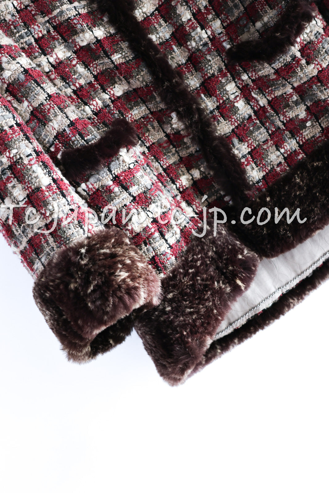 CHANEL 05A Rabbit Fur Trim Raspberry Brown Tweed Jacket Skirt Suit 38 シャネル ラビット・ファートリム・ラズベリー・ブラウン・ツイード・ジャケット・スカート・スーツ 即発