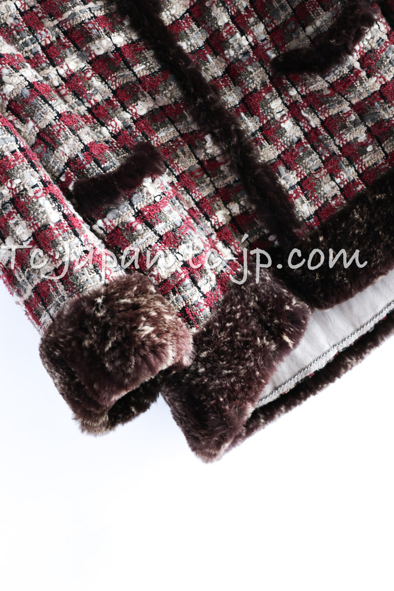 CHANEL 05A Rabbit Fur Trim Raspberry Brown Tweed Jacket Skirt Suit 38 シャネル ラビット・ファートリム・ラズベリー・ブラウン・ツイード・ジャケット・スカート・スーツ 即発